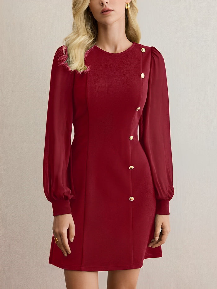 allegra k Classic Round Neck with Timeless Button Front Long Sleeve A-Line Casual Dress