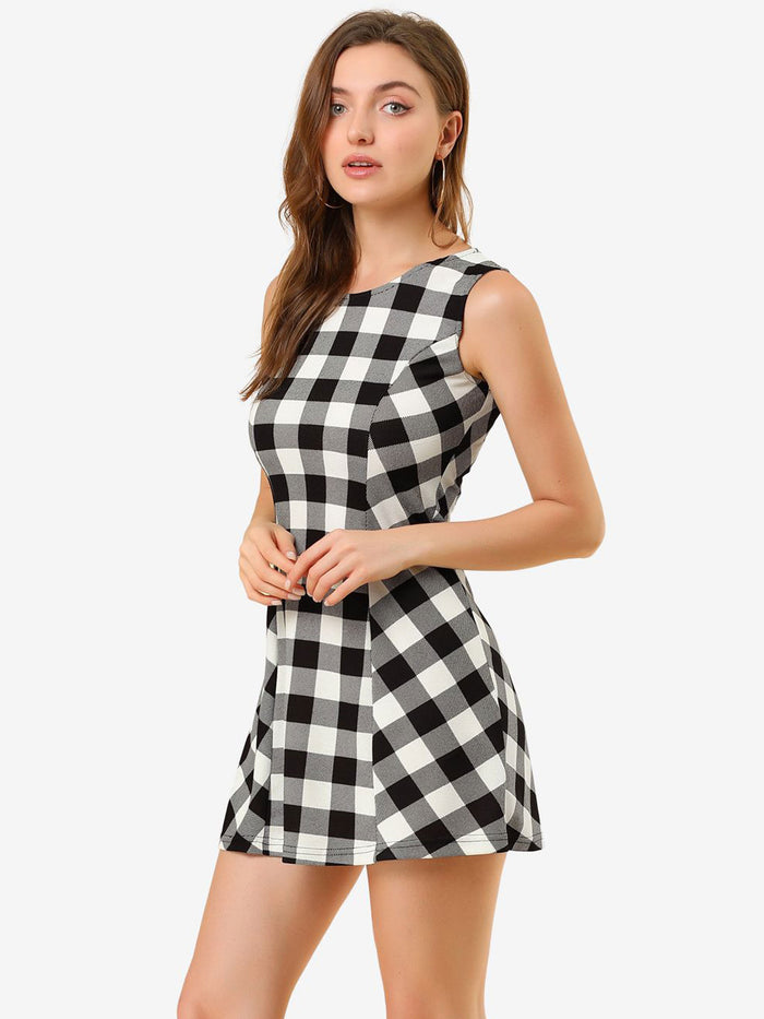allegra k Classic Sleeveless Mini A-Line Fit and Flare Plaid Dress