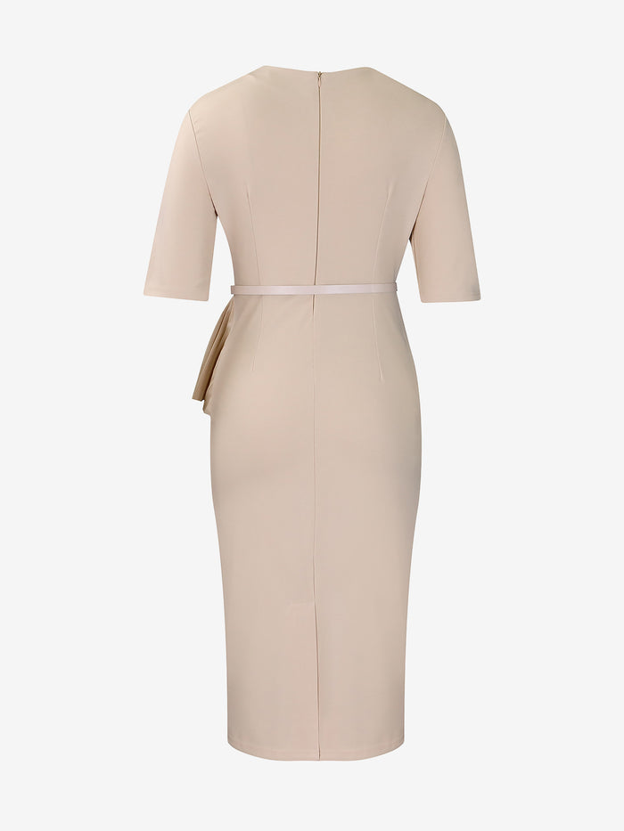 Allegra K Classic Slim Fit Solid Color Short Sleeves Belted Midi Sheath Work Dress