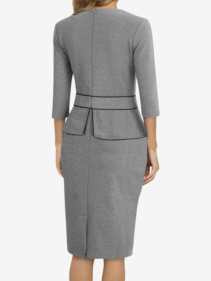 Allegra K Classic Slim Sheath Silhouette Round Neck 3/4 Sleeves Midi Sheath Office Dress