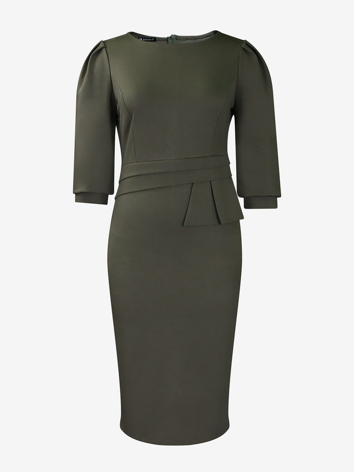 Allegra K Classic Solid Color Ruched Puff Sleeve Bodycon Midi Sheath Dress With Business Casual Slim Fit Timeless Design