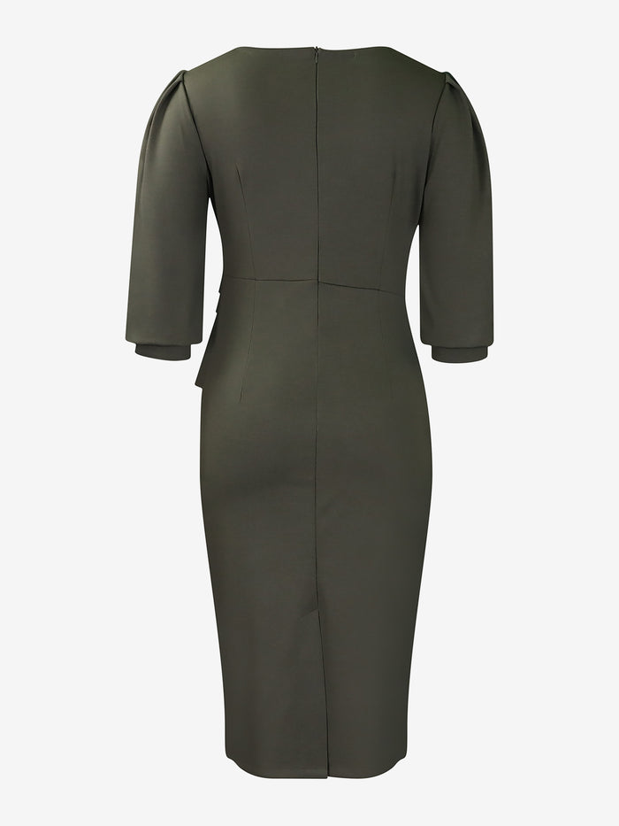 Allegra K Classic Solid Color Ruched Puff Sleeve Bodycon Midi Sheath Dress With Business Casual Slim Fit Timeless Design