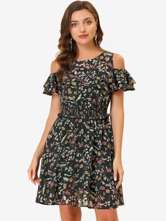 Allegra K Cold Shoulder Summer Smocked Waist Chiffon Floral Mini Dress