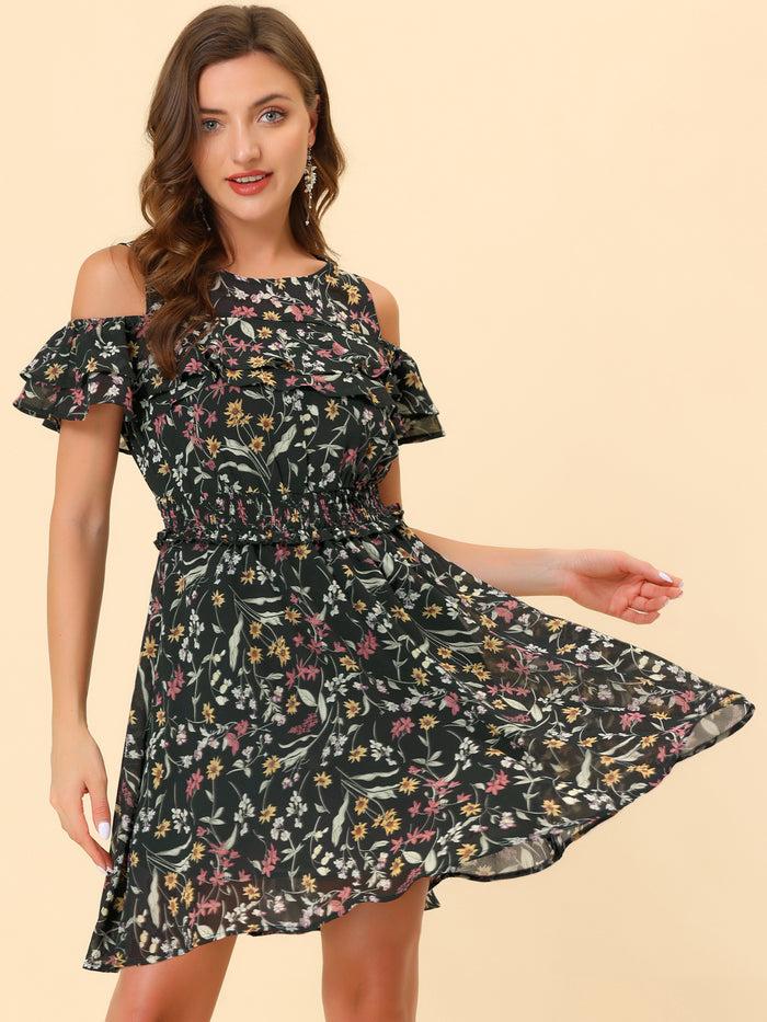 allegra k Cold Shoulder Summer Smocked Waist Chiffon Floral Mini Dress