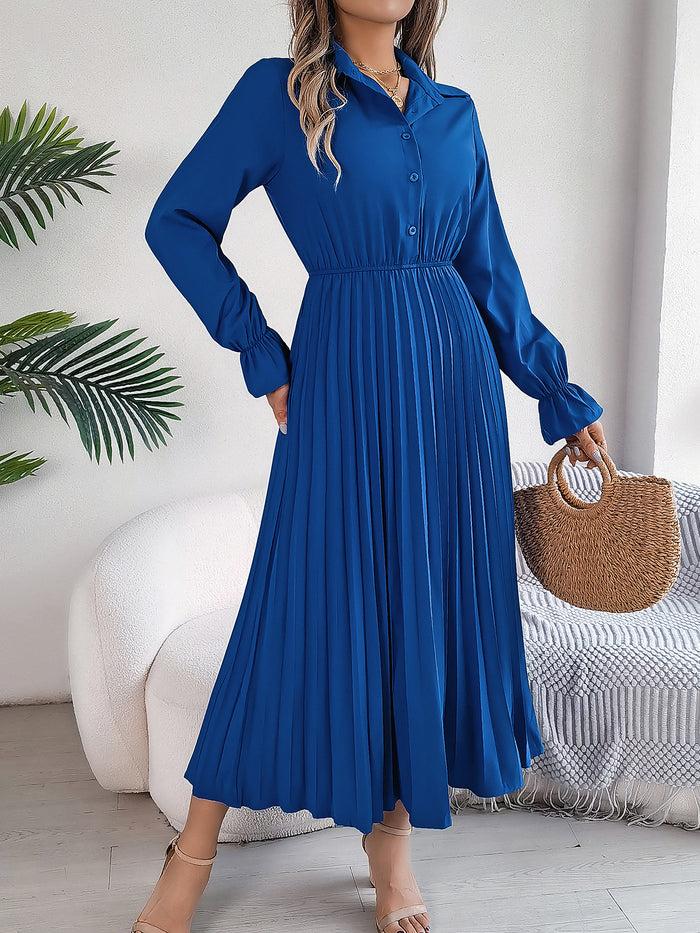 allegra k Collar Buttoned Long Sleeve Maxi Pleated Shirt Dress