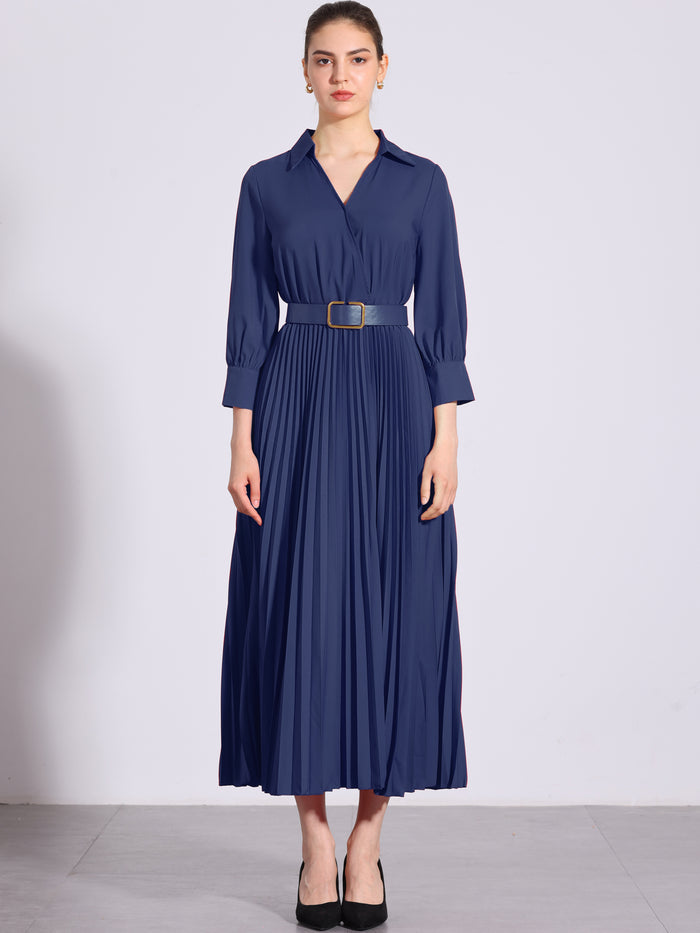 Allegra K Collar V Neck Belted Dressy Casual Pleated Maxi Dress