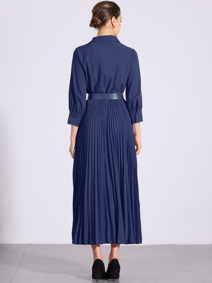 Allegra K Collar V Neck Belted Dressy Casual Pleated Maxi Dress