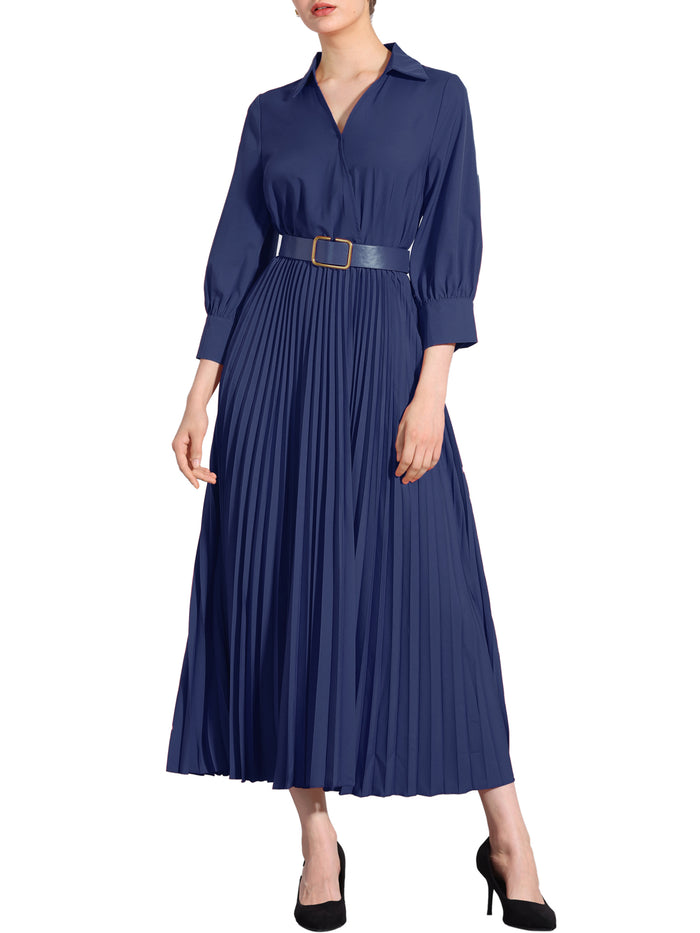 Allegra K Collar V Neck Belted Dressy Casual Pleated Maxi Dress