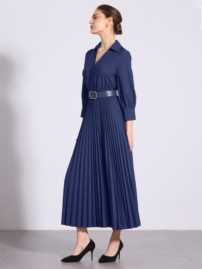 allegra k Collar V Neck Belted Dressy Casual Pleated Maxi Dress
