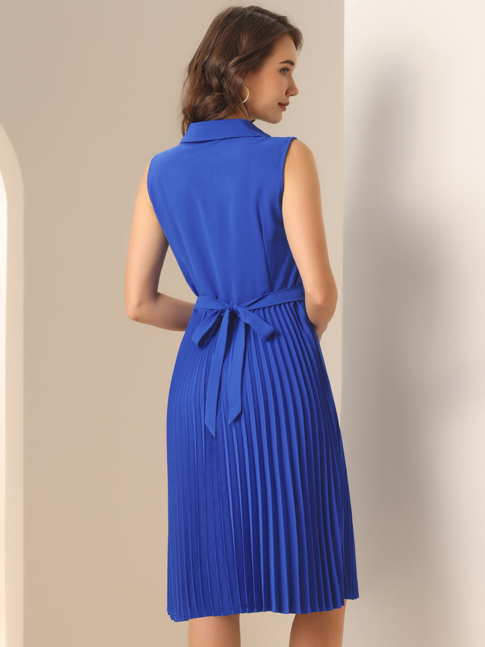 Allegra K Collared V Neck Pleated Sleeveless Work Office Dress