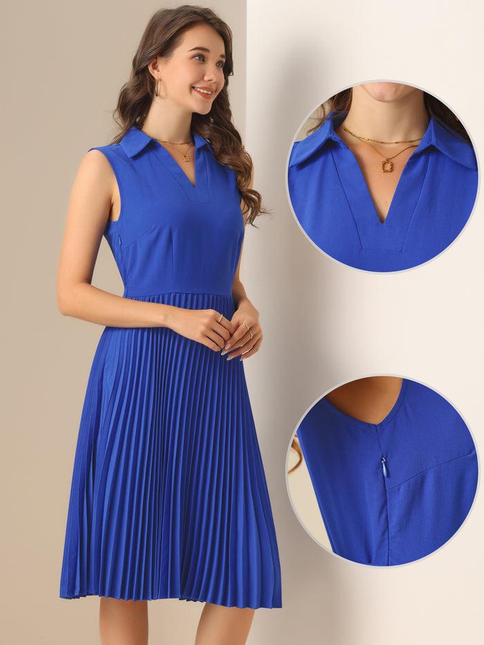 Allegra K Collared V Neck Pleated Sleeveless Work Office Dress