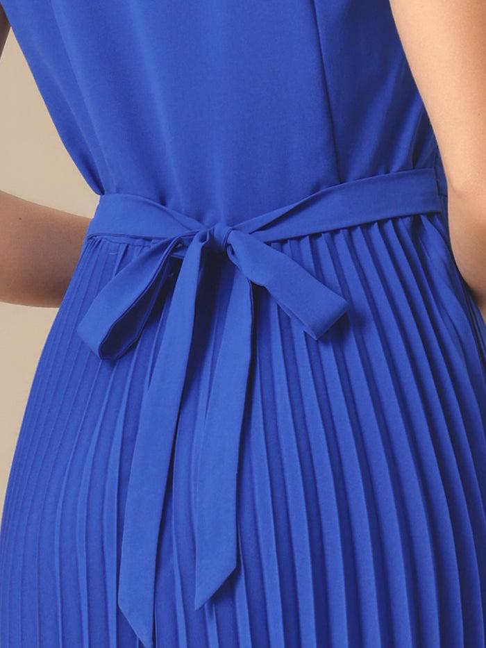 Allegra K Collared V Neck Pleated Sleeveless Work Office Dress