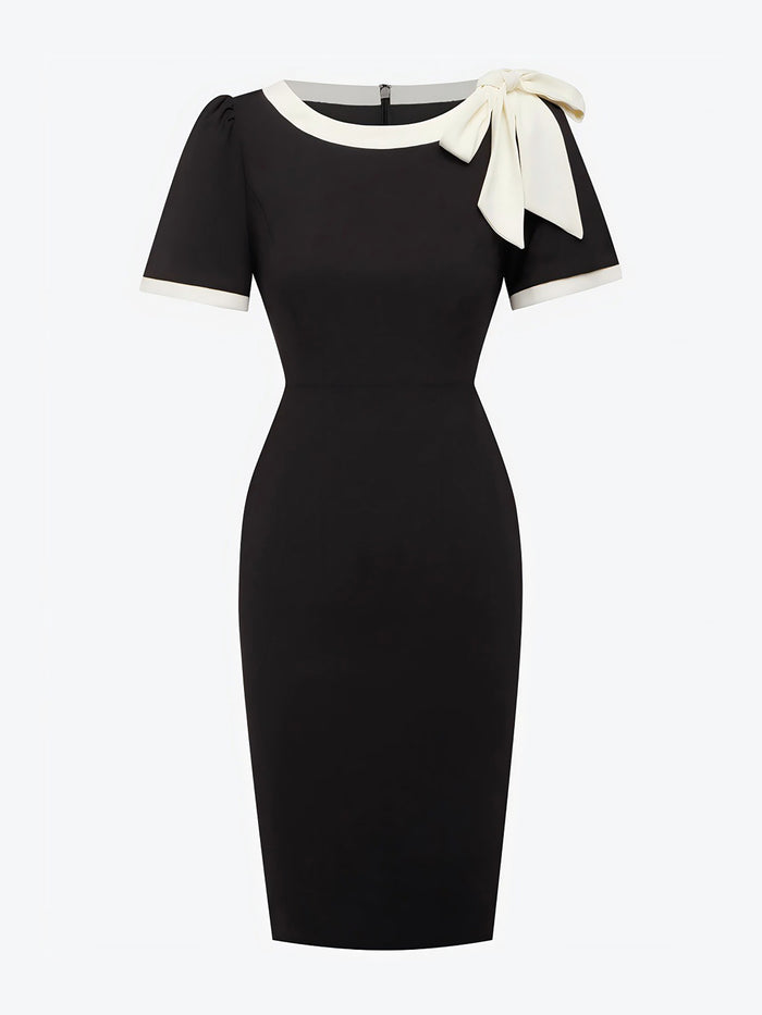 Allegra K Colorblock Bow Round Neck Short Sleeves Midi Sheath Dress