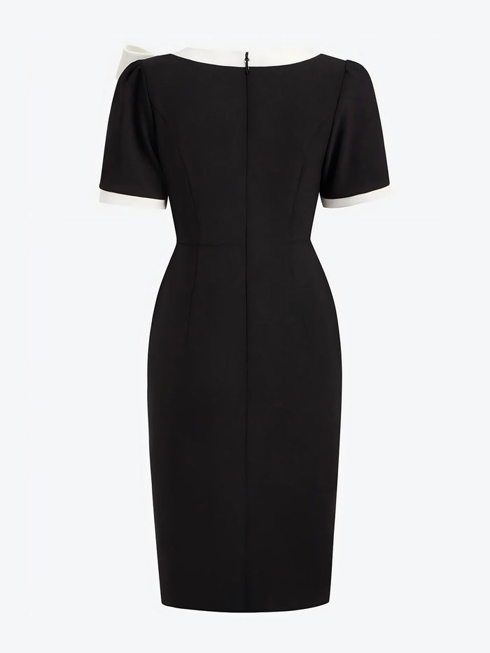 Allegra K Colorblock Bow Round Neck Short Sleeves Midi Sheath Dress