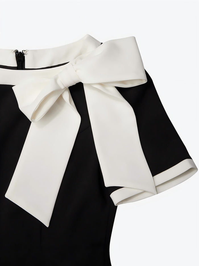 Allegra K Colorblock Bow Round Neck Short Sleeves Midi Sheath Dress