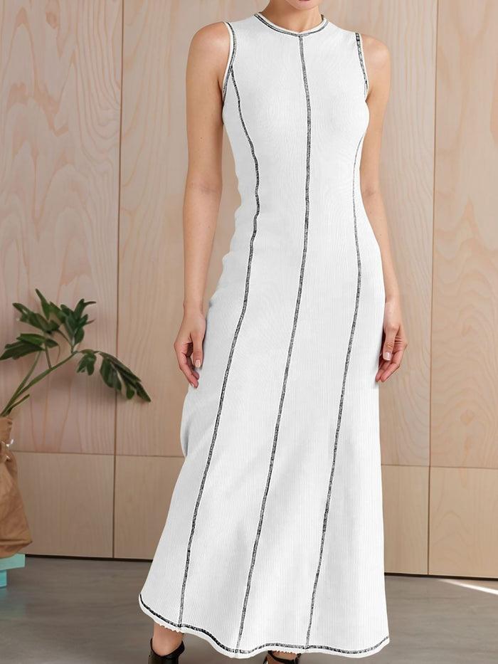 Allegra K Colorblock Round Neck Sleeveless Maxi A-Line Dress