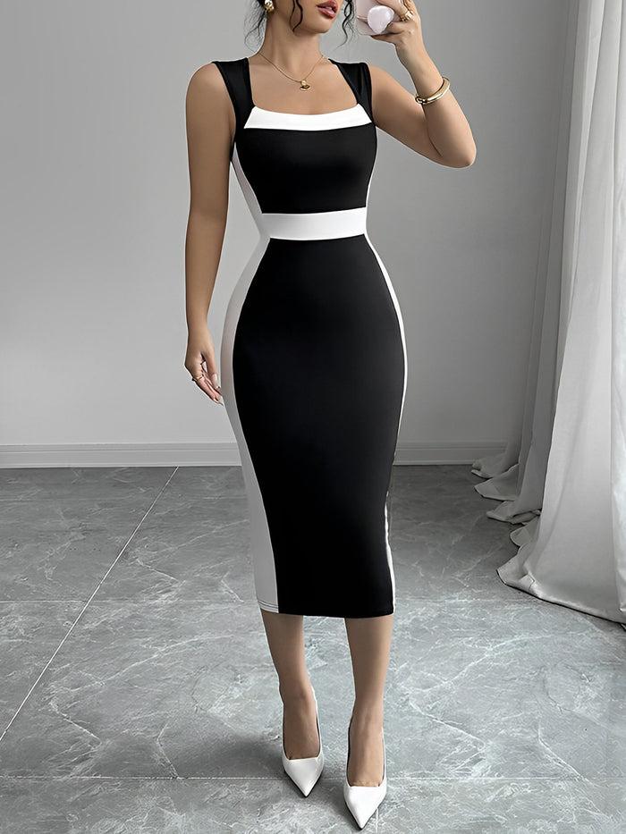 Allegra K Colorblock Square Neck Sleeveless Bodycon Midi Dress