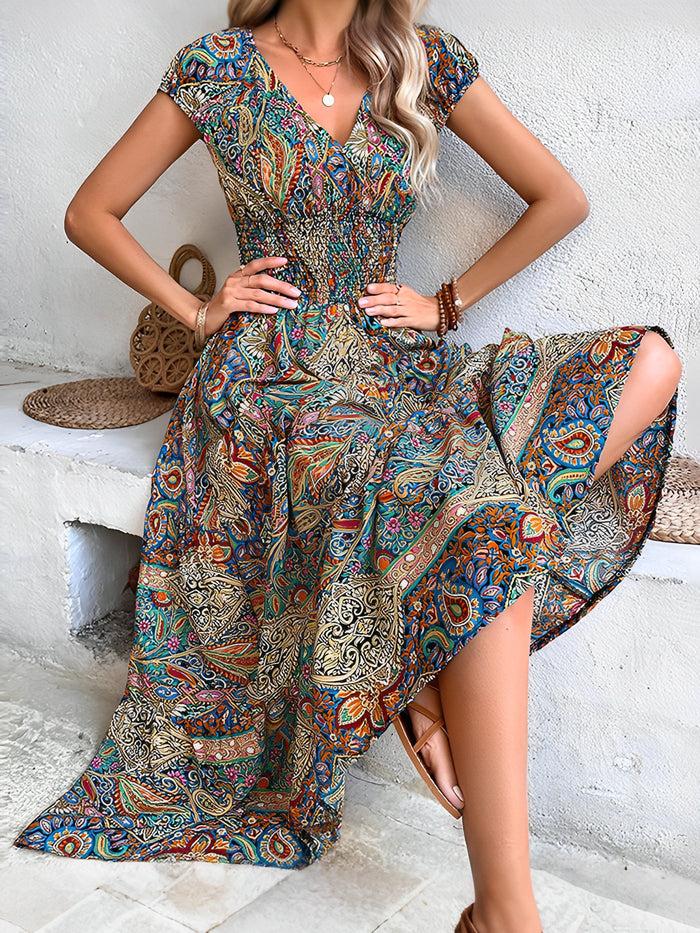 Allegra K Colorful Long Dress Foreign Trade V Neck High Waist Skirt