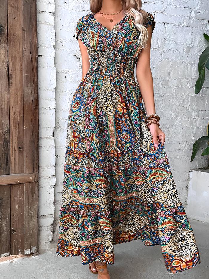 allegra k Colorful Long Dress Foreign Trade V Neck High Waist Skirt