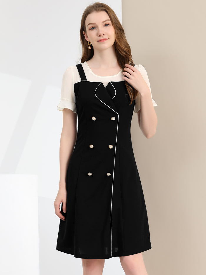 Allegra K Contrast Button Decor Short Sleeve Chiffon Summer Dress