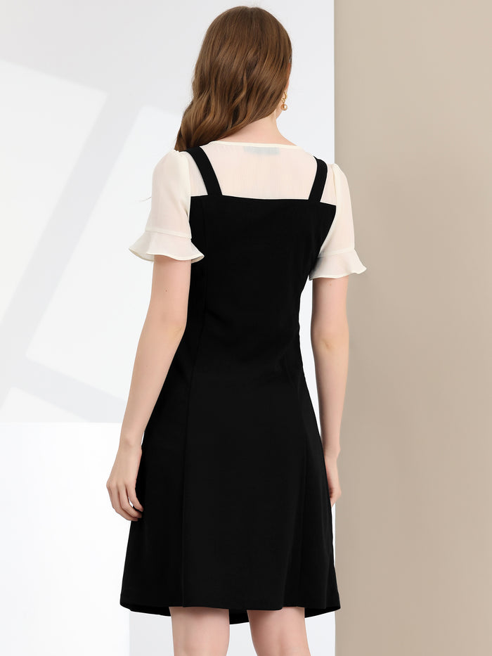 Allegra K Contrast Button Decor Short Sleeve Chiffon Summer Dress