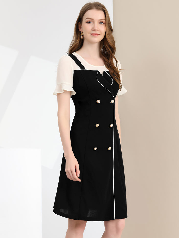 Allegra K Contrast Button Decor Short Sleeve Chiffon Summer Dress