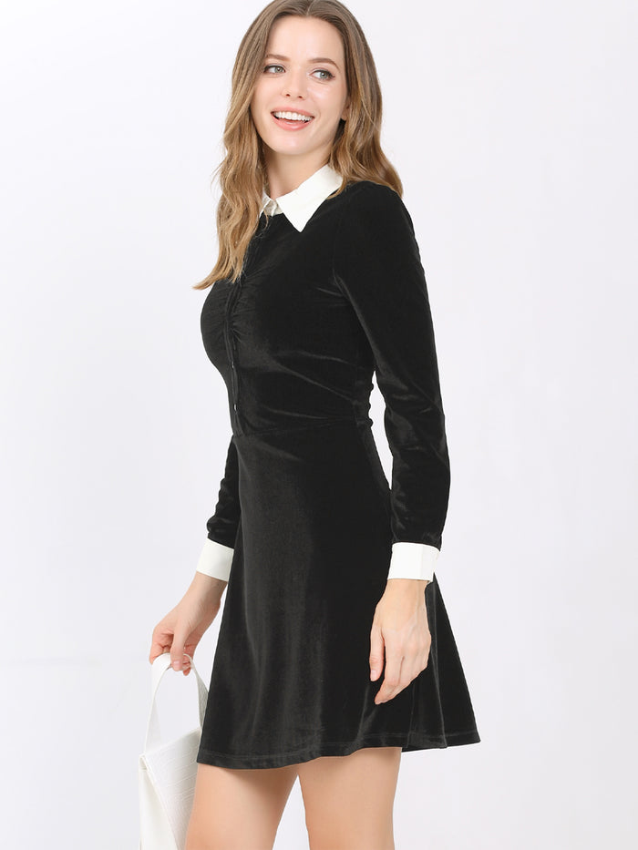 Allegra K Contrast Collar A-Line Party Long Sleeve Vintage Velvet Dress