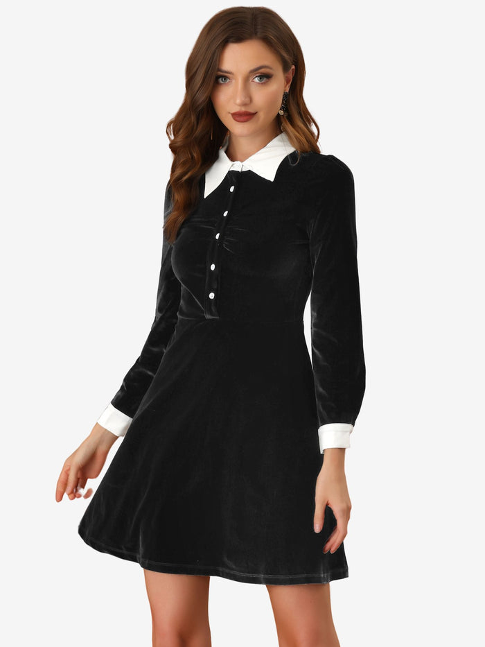 allegra k Contrast Collar A-Line Party Long Sleeve Vintage Velvet Dress