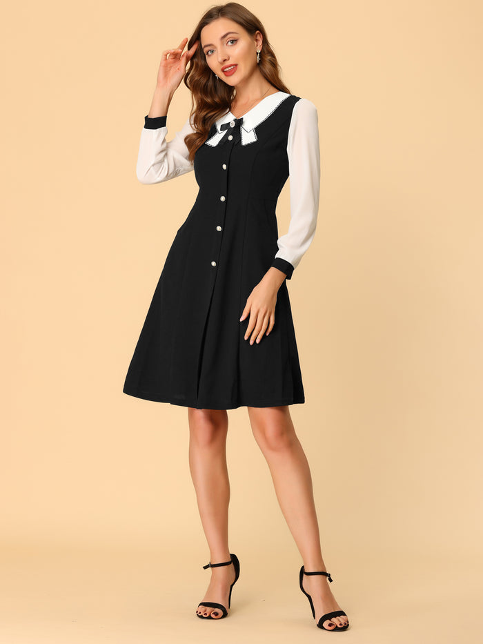 Allegra K Contrast Collar Bow Tie A-Line Long Sleeve Elegant Button Decor Dress