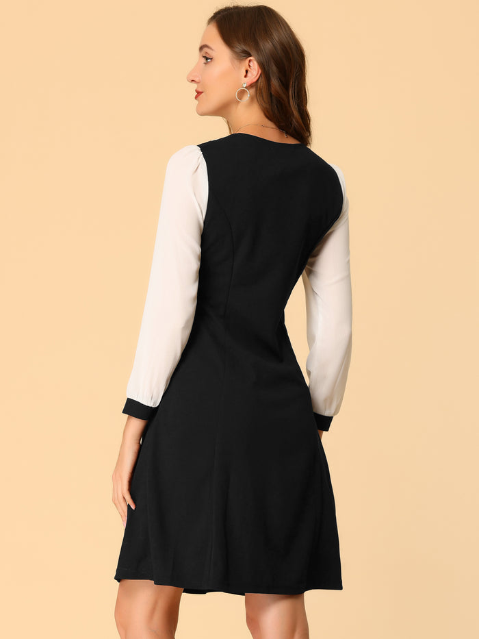 Allegra K Contrast Collar Bow Tie A-Line Long Sleeve Elegant Button Decor Dress