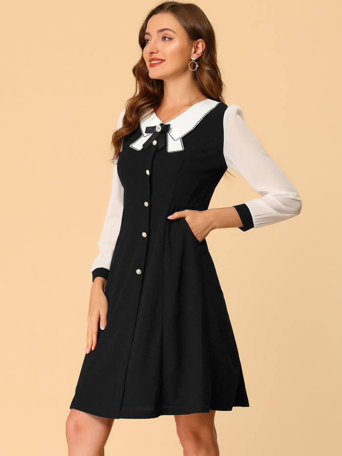 Allegra K Contrast Collar Bow Tie A-Line Long Sleeve Elegant Button Decor Dress