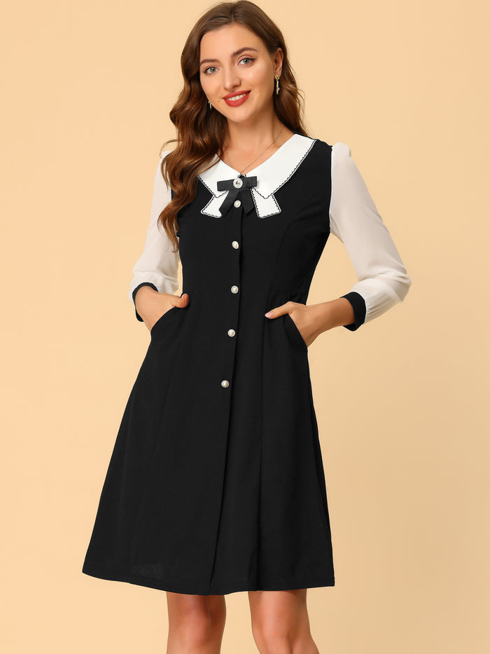 allegra k Contrast Collar Bow Tie A-Line Long Sleeve Elegant Button Decor Dress