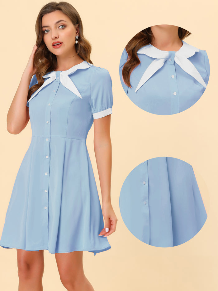 Allegra K Contrast Collar Button Front Tie Neck Short Sleeve Dress