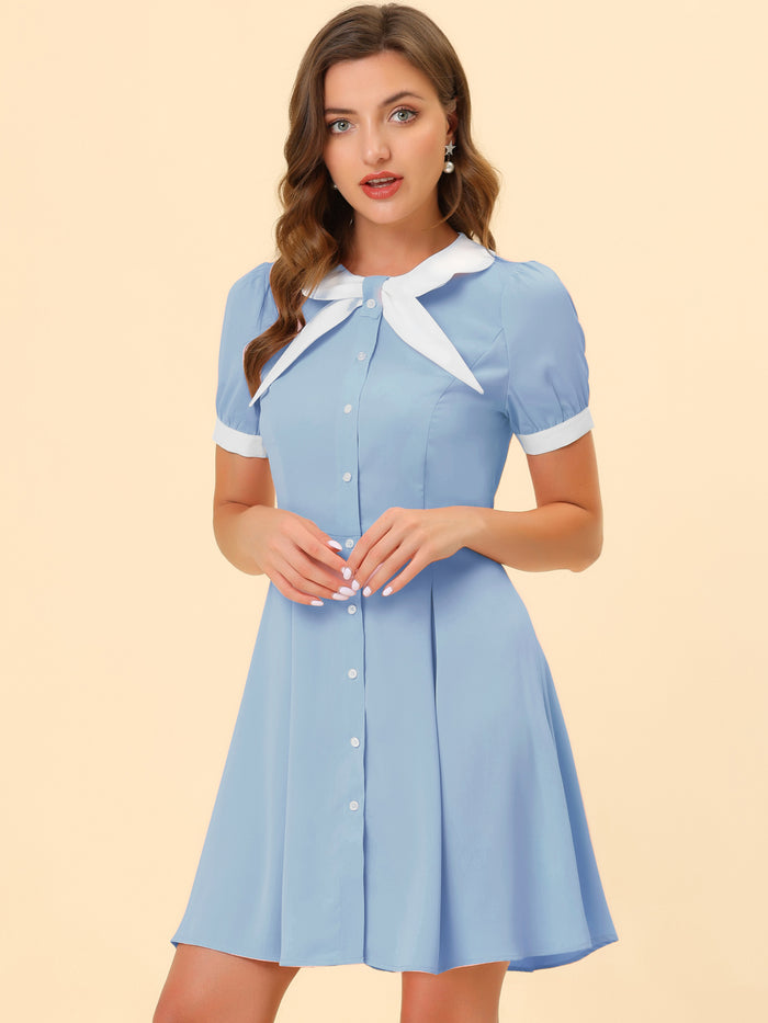 allegra k Contrast Collar Button Front Tie Neck Short Sleeve Dress