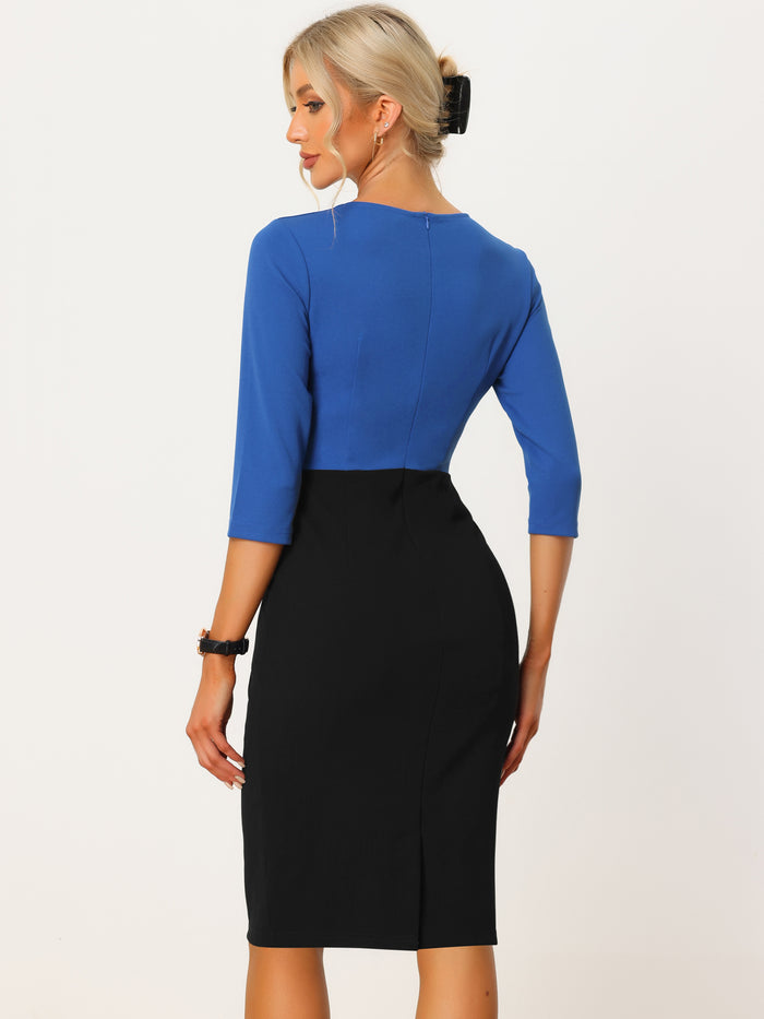 Allegra K Contrast Color 3/4 Sleeve Bodycon Work Office Pencil Sheath Dress