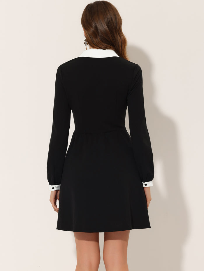 Allegra K Contrast Color Puff Long Sleeve Collared Flare Short Dress