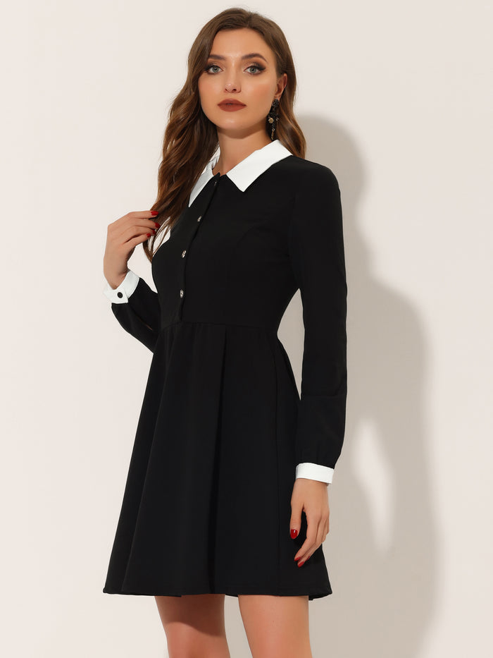Allegra K Contrast Color Puff Long Sleeve Collared Flare Short Dress