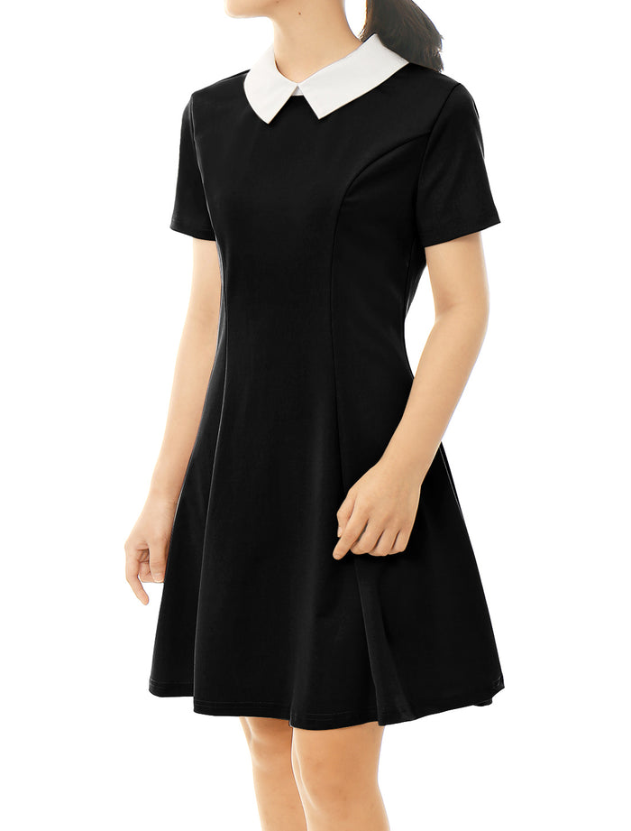 Allegra K Contrast Doll Collar Short Sleeve Above Knee Flare Dress
