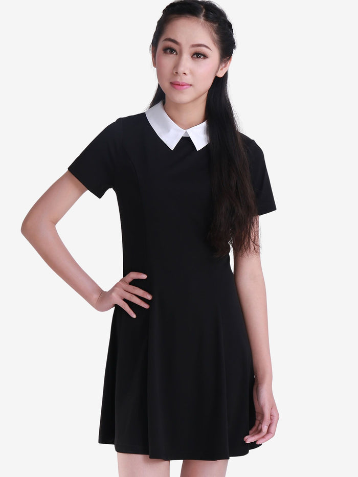 allegra k Contrast Doll Collar Short Sleeve Above Knee Flare Dress
