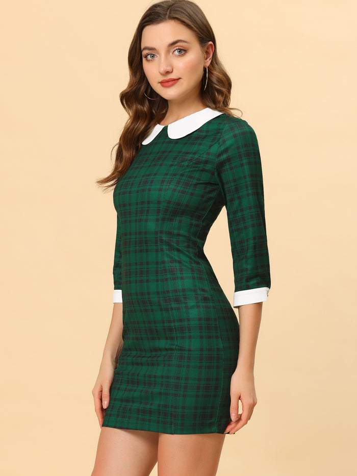 allegra k Contrast Peter Pan Collar Keyhole Back Plaid Bodycon Dress