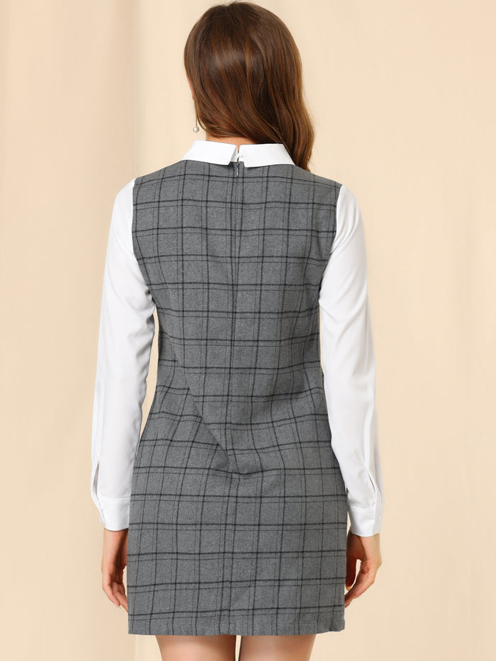 Allegra K Contrast Peter Pan Collar Long Sleeve Shift Plaid Dress