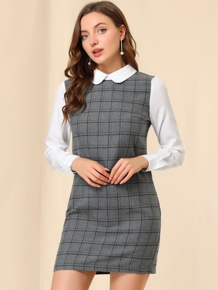 allegra k Contrast Peter Pan Collar Long Sleeve Shift Plaid Dress