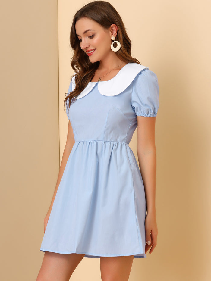 Allegra K Contrast Peter Pan Collar Puff Short Sleeve A-line Dress