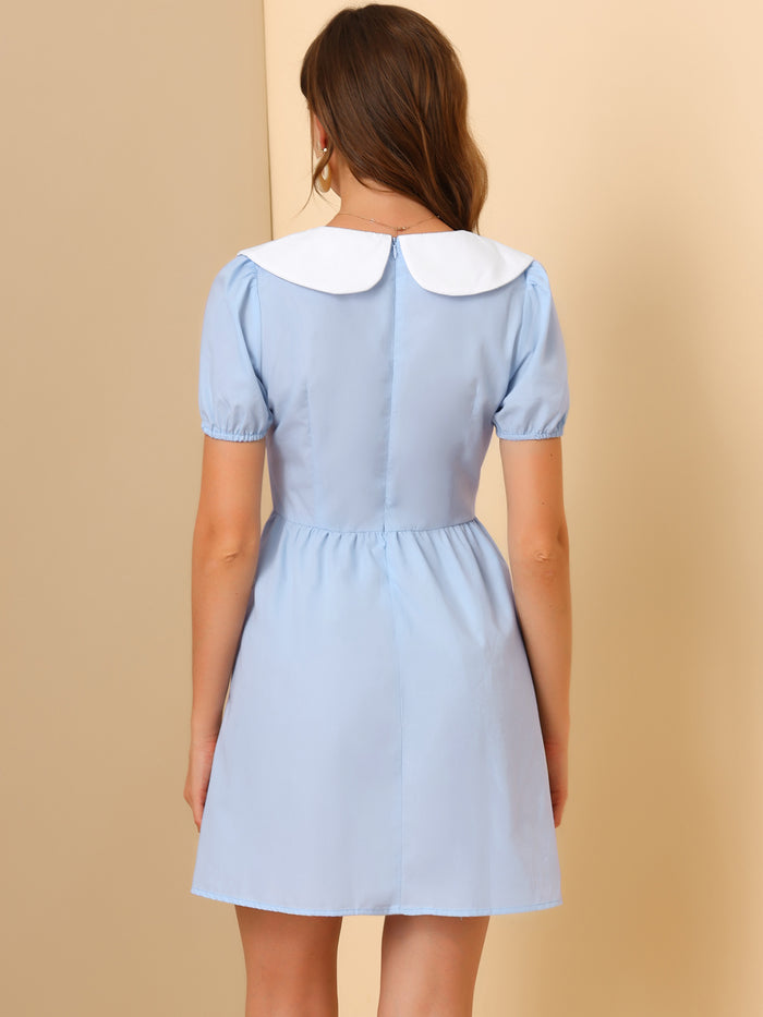 Allegra K Contrast Peter Pan Collar Puff Short Sleeve A-line Dress