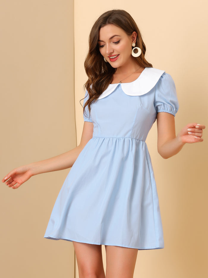 allegra k Contrast Peter Pan Collar Puff Short Sleeve A-line Dress