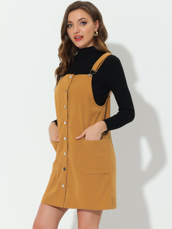Allegra K Corduroy Adjustable Straps Button Down Pinafore Overall Dress