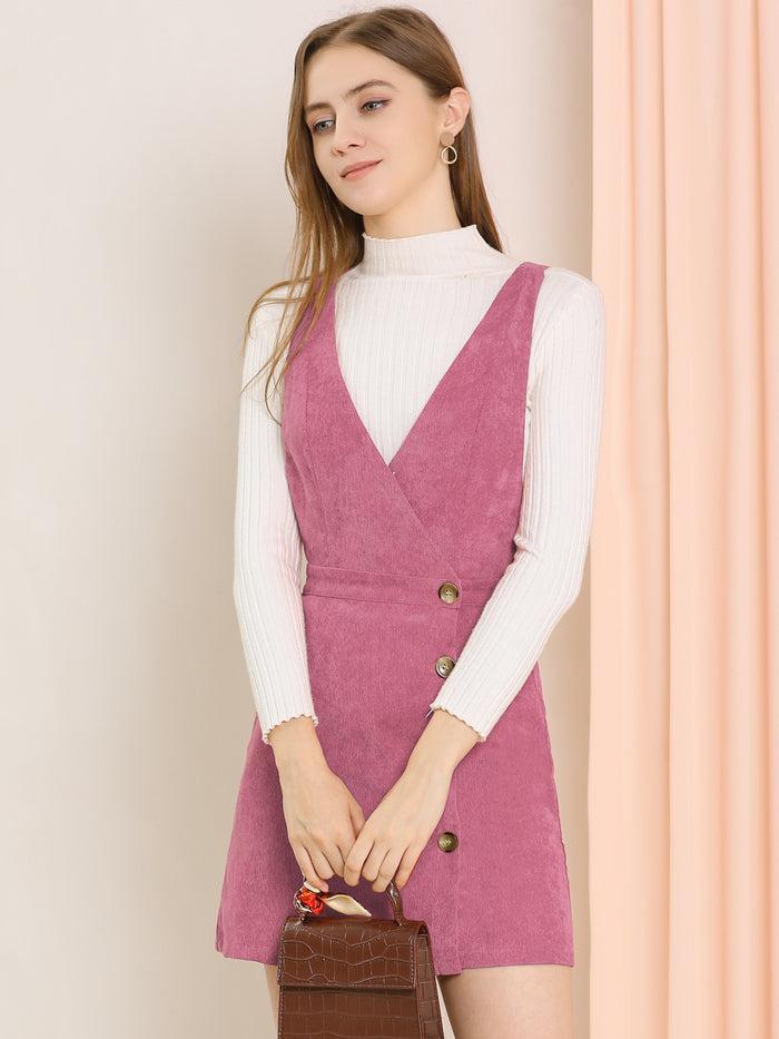 Allegra K Corduroy Mini V Neck Vintage A-Line Bib Overall Pinafore Dress