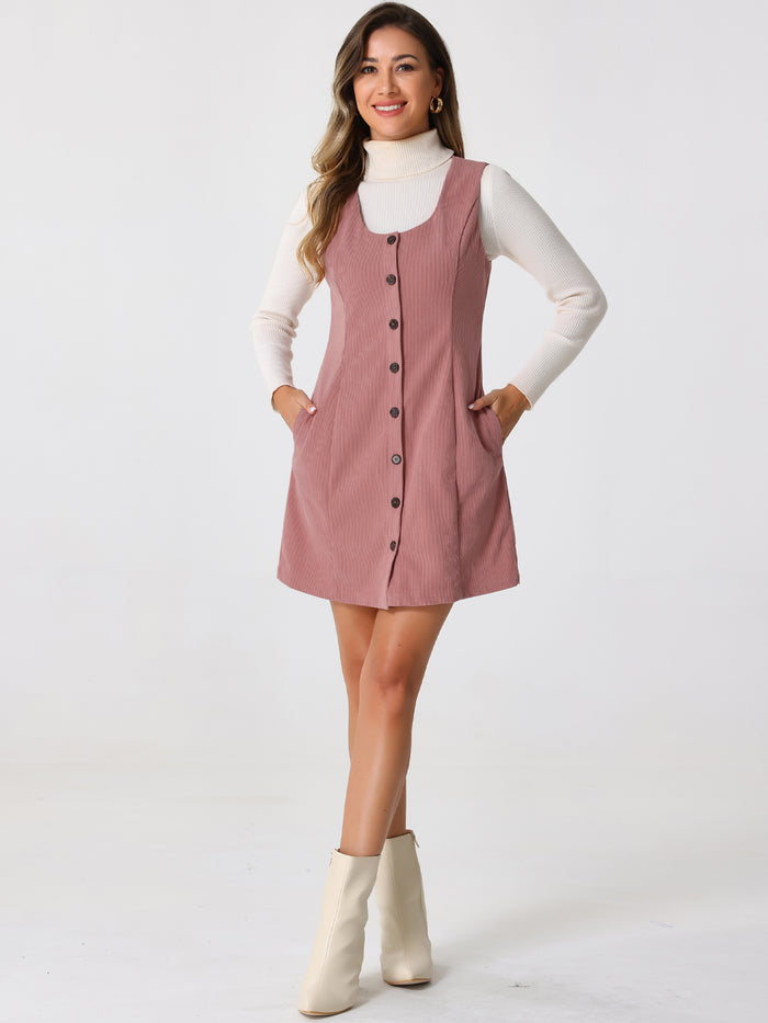 Allegra K Corduroy Overall Scoop Neck Sleeveless Button Pinefore Dress