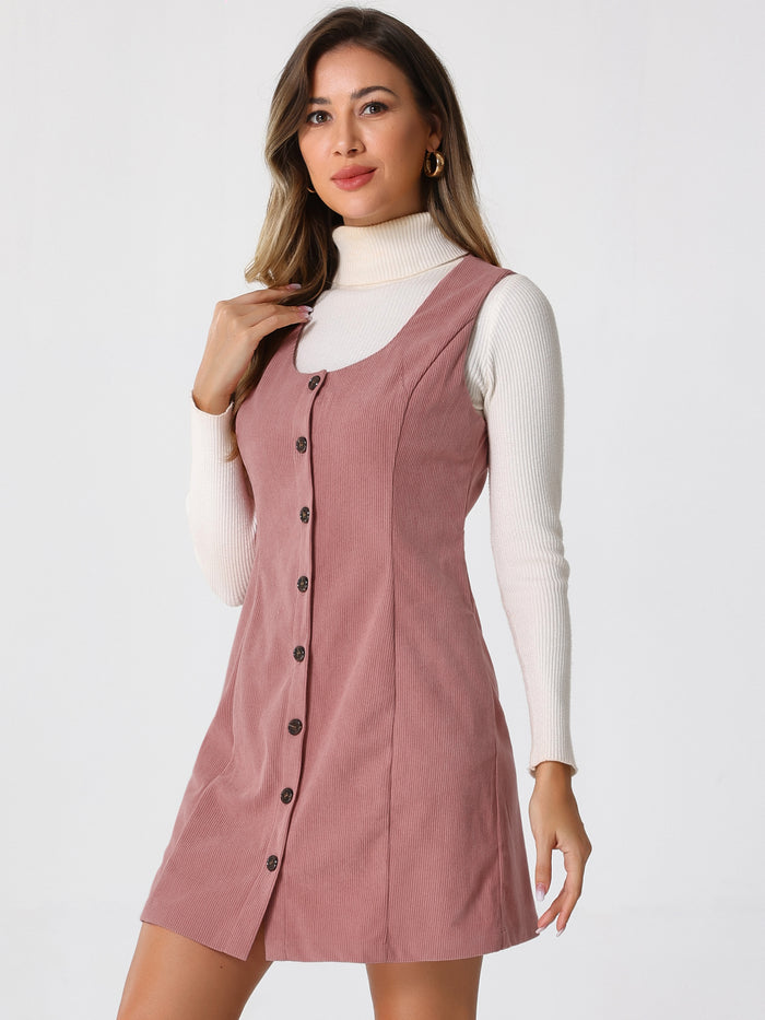 allegra k Corduroy Overall Scoop Neck Sleeveless Button Pinefore Dress