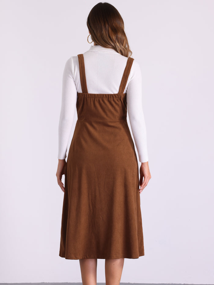 Allegra K Corduroy Pockets A-Line Sleeveless Casual Midi Pinafore Dress